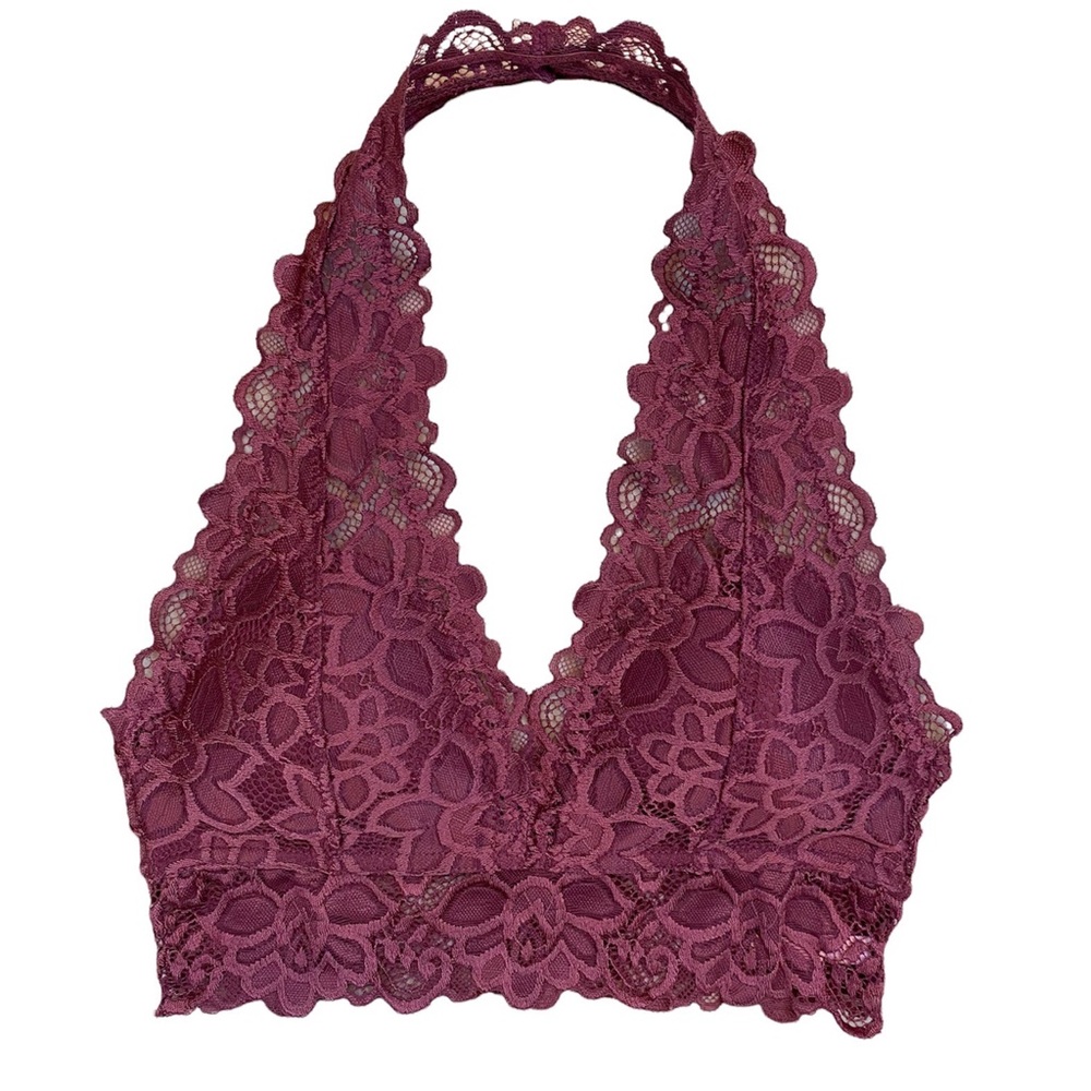 Mauve halter lace scalloped bralette. Burgundy purple removable padding.